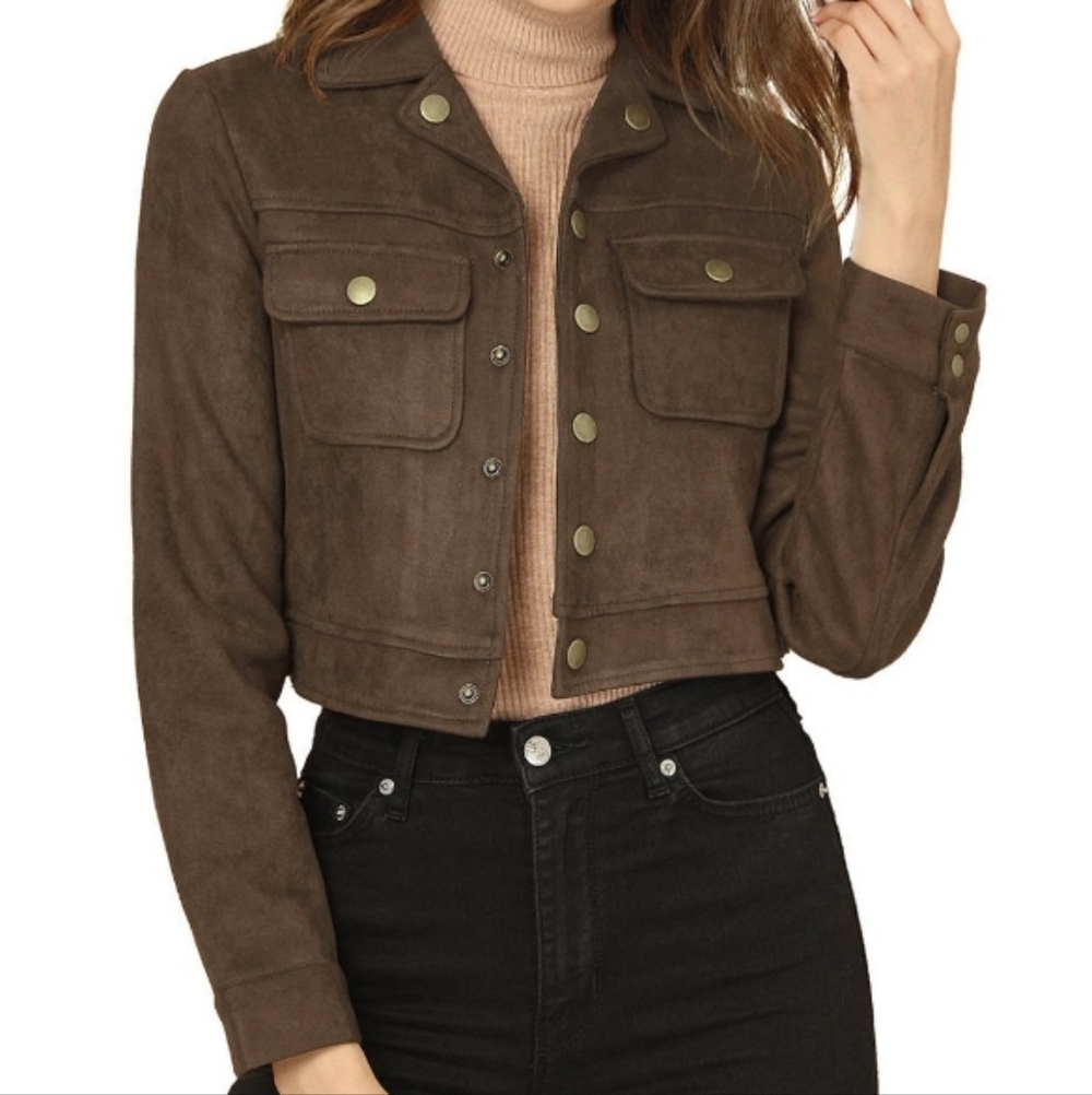 NWT Allegra K Faux Suede Brown Cropped Moto Jacket Size Medium